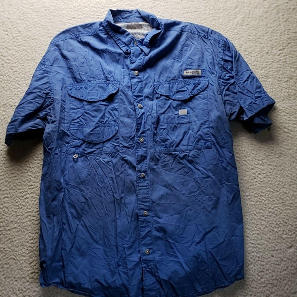 Columbia PFG Shirt Mens XL Blue Short Sleeve Cotton Fishing Button-Up Casual